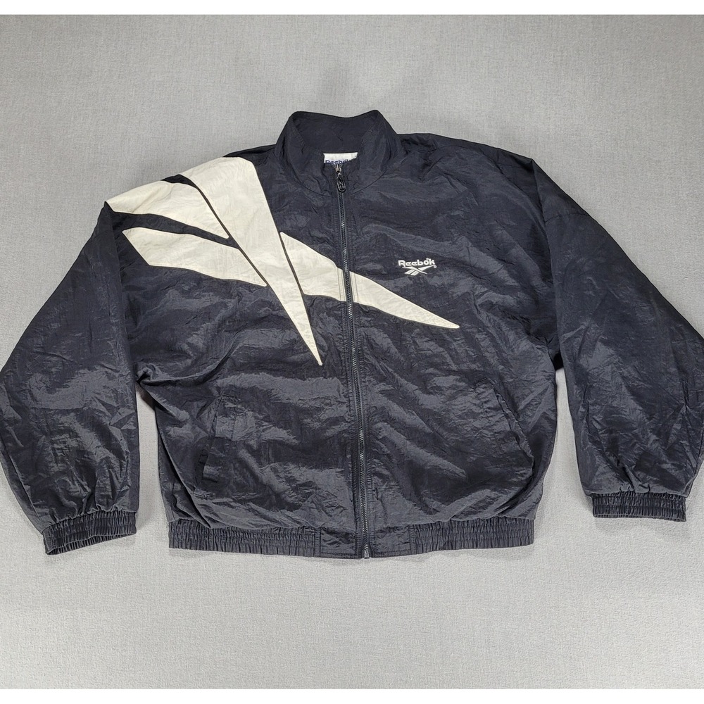 VTG Reebok Track Jacket Mens M Vector Kamikaze Windbreaker 90s Y2K Black